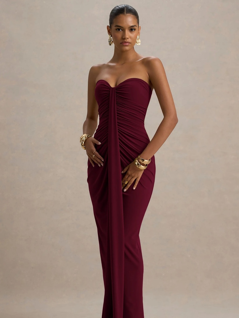Strapless Ruched Column Gown in Burgundy